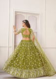 WOMEN'S OLIVE GREEN BUTTERFLY NET EMBROIDERED THREAD WORK PARTY WEAR LEHENGA CHOLI