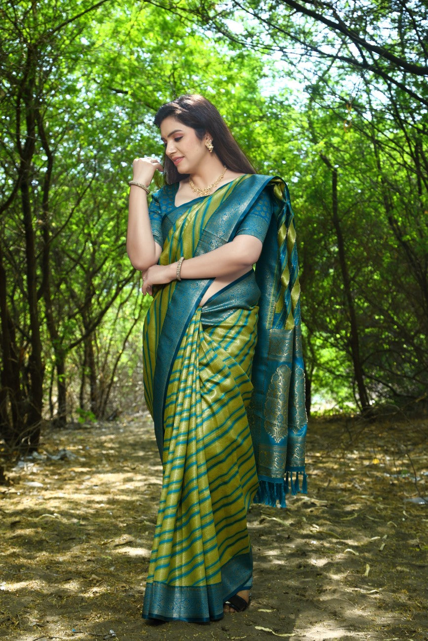 Designer Banarasi Leheriya Design Soft Silk Saree With Pure Golden Zari Border