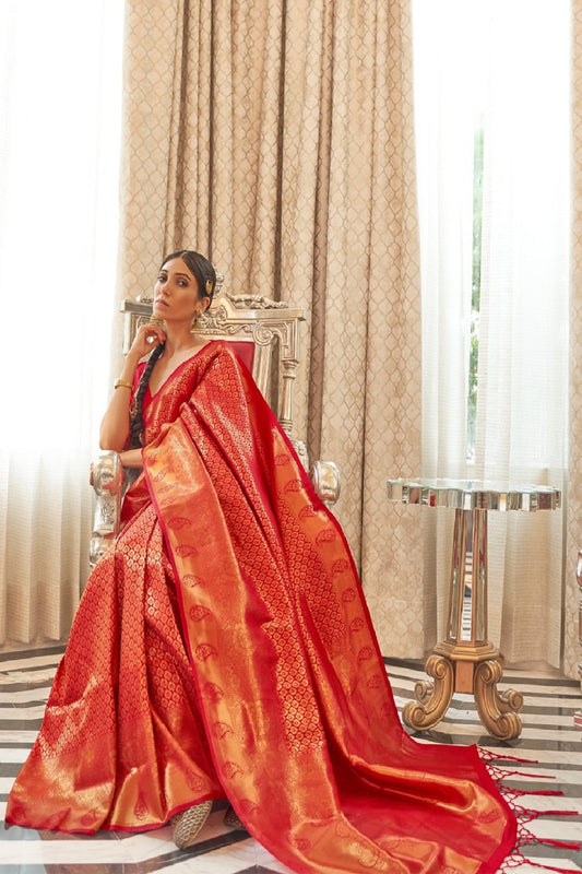 Designer Red Color Golden Zari Weaving Function Wear Banarasi Silk Saree With Heavy Blouse