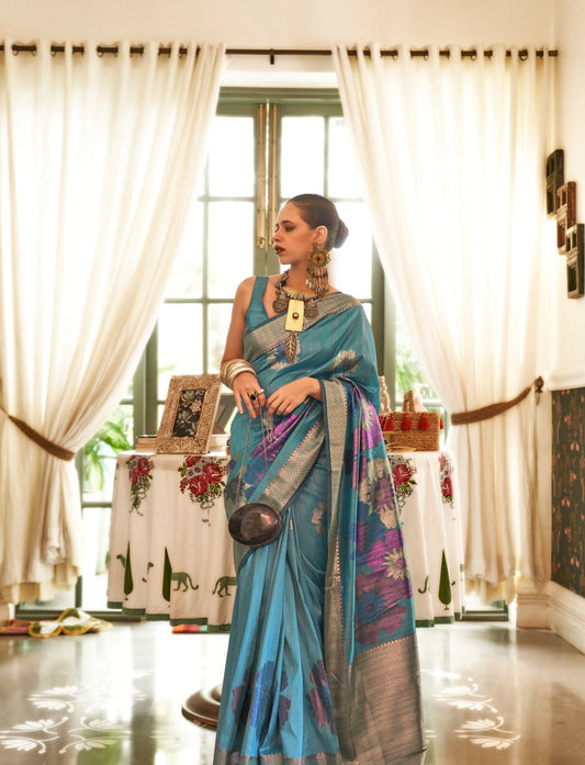 Vsaree Teal Banarasi Silk Golden Border With Banarasi Design Saree And Blouse