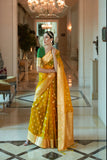 Vsaree Designer Party Wear Golden Zari Weaving Butti Design Saree With Matching Blouse And Heavy Pallu.