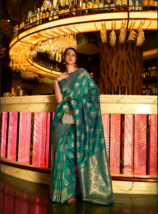 Designer Copper  Zari Weaving Butta Design  Banarasi Silk Saree With Heavy Blouse