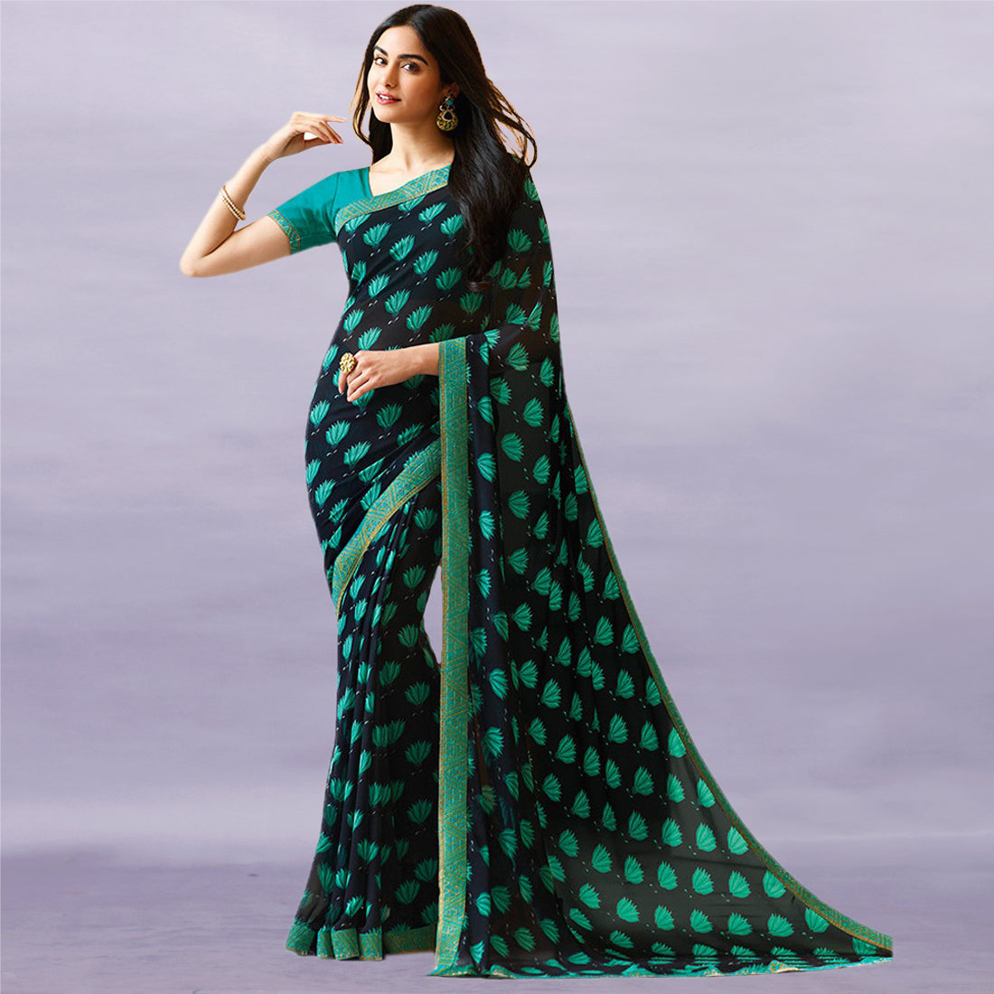 Vsaree Blue Gulab Georette Designer Saree And Printed Work Printed Rich Pallu With Blouse For Women