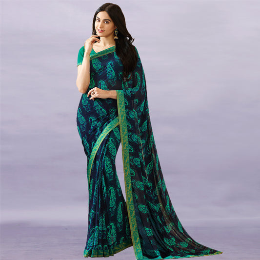 Vsaree Blue Mango Georette Designer Saree And Printed Work Printed Rich Pallu With Blouse For Women