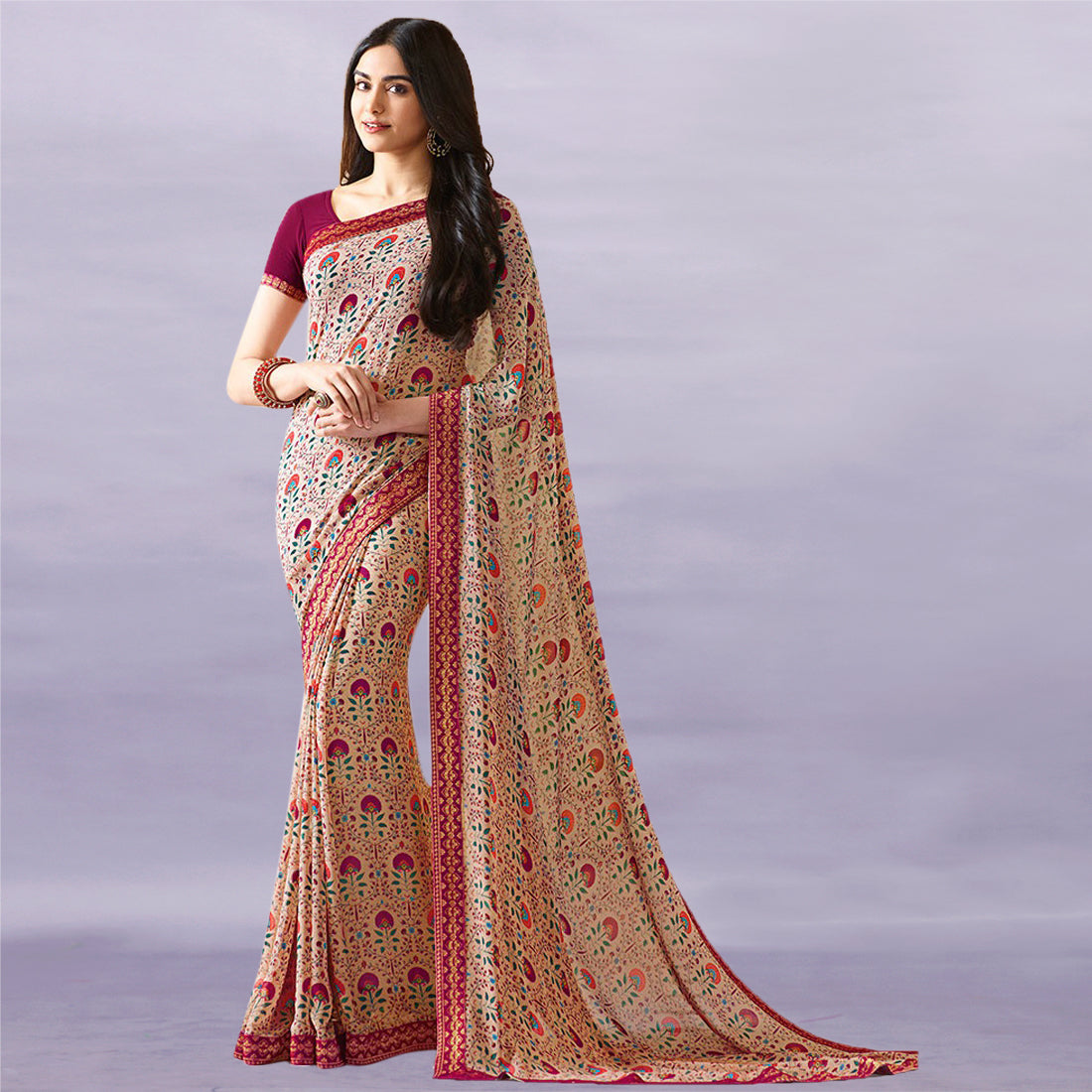 Vsaree Cream Flower  Georette Designer Saree And Printed Work Printed Rich Pallu With Blouse For Women