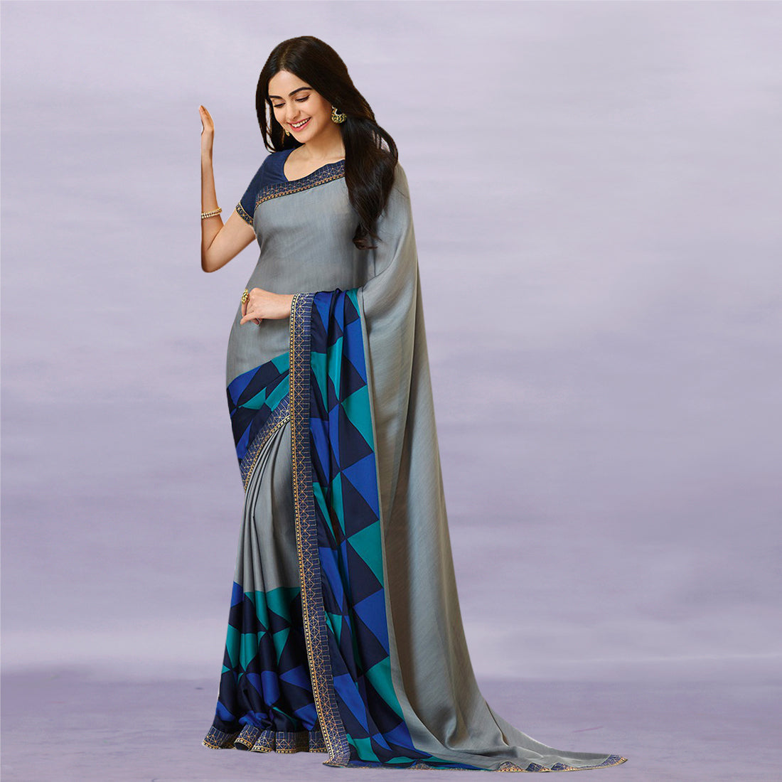 Vsaree Grey Georette Designer Saree And Printed Work Printed Rich Pallu With Blouse For Women