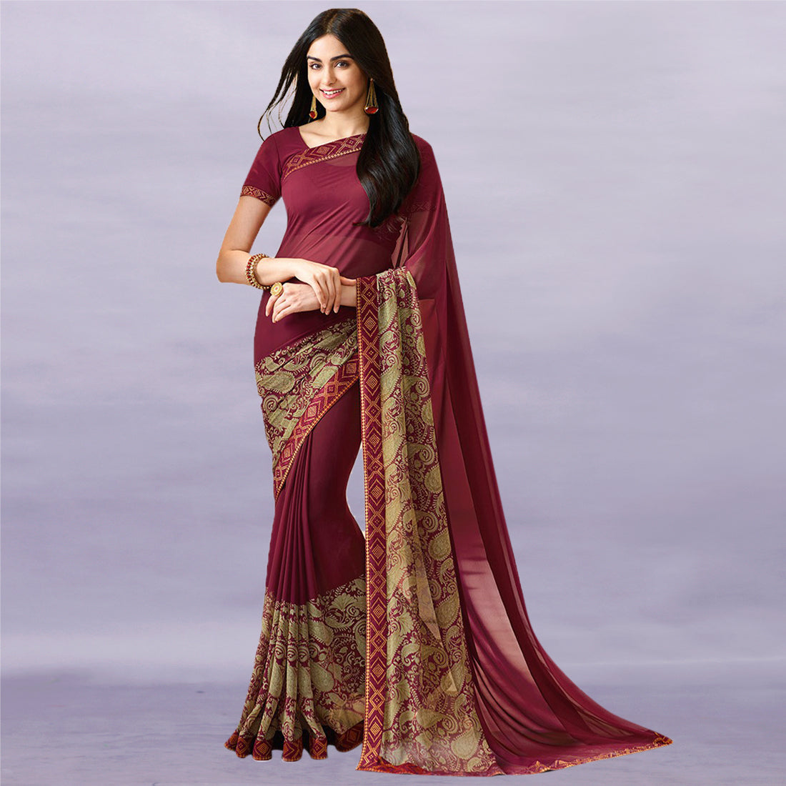 Vsaree Maroon Georette Designer Saree And Printed Work Printed Rich Pallu With Blouse For Women