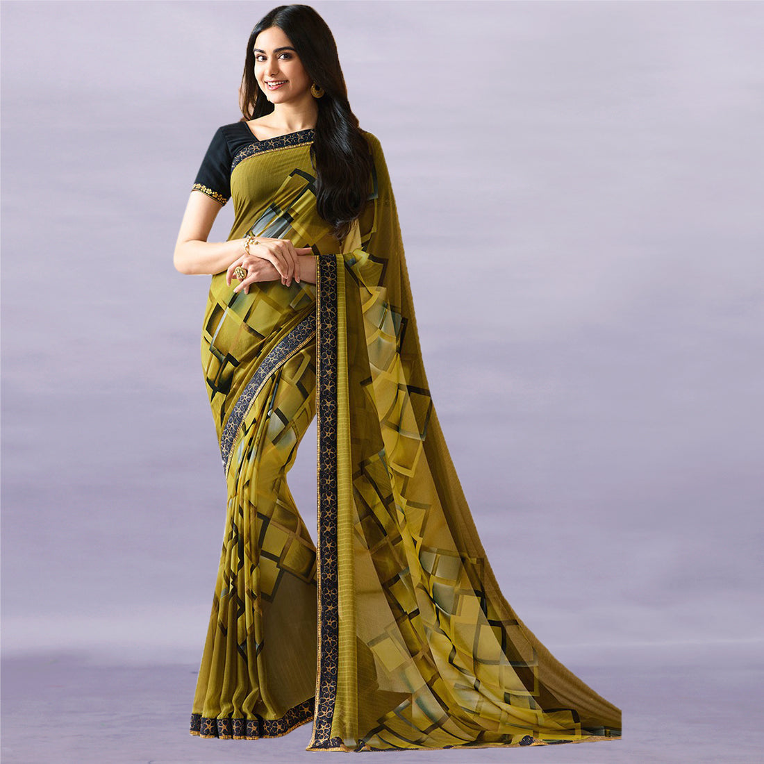 Vsaree Mehendi Georette Designer Saree And Printed Work Printed Rich Pallu With Blouse For Women