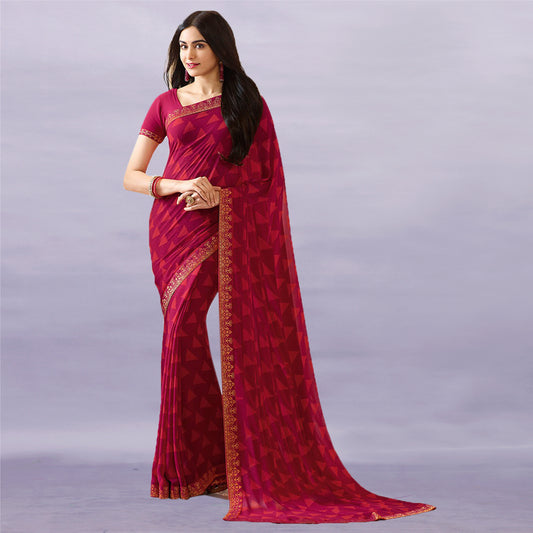 Vsaree Pink Georette Designer Saree And Printed Work Printed Rich Pallu With Blouse For Women