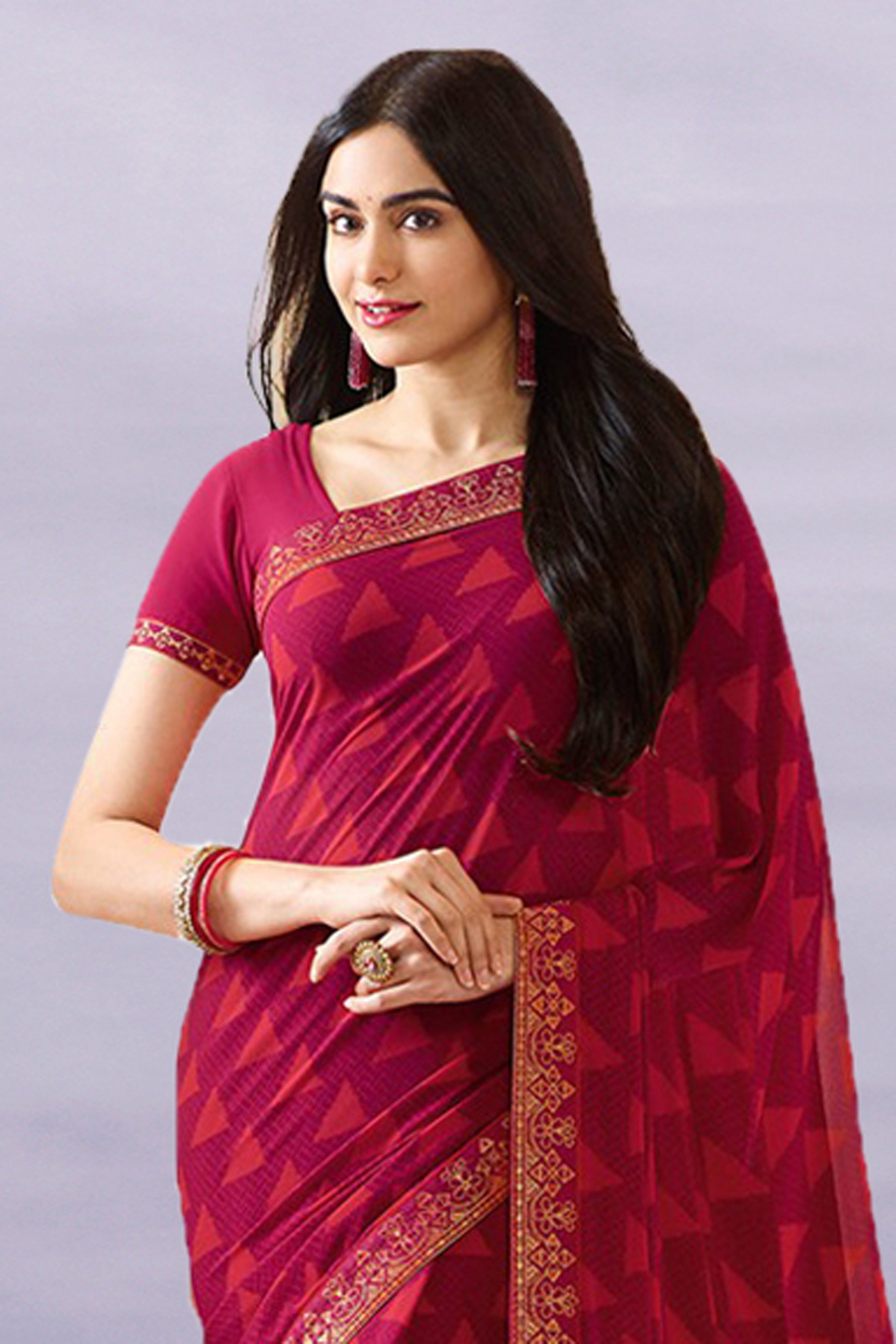 Vsaree Pink Georette Designer Saree And Printed Work Printed Rich Pallu With Blouse For Women