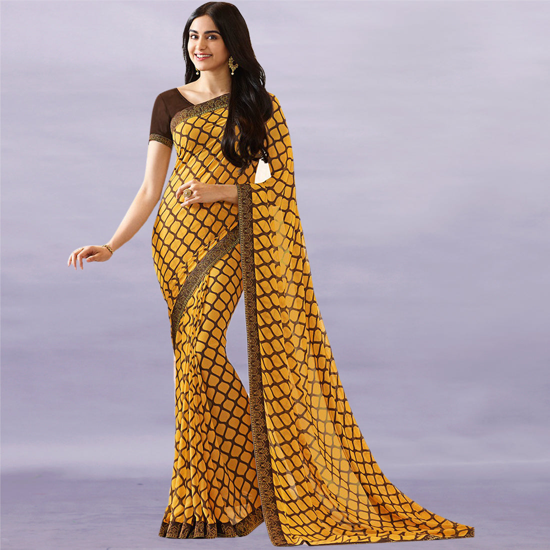 Vsaree Yellow Georette Designer Saree And Printed Work Printed Rich Pallu With Blouse For Women