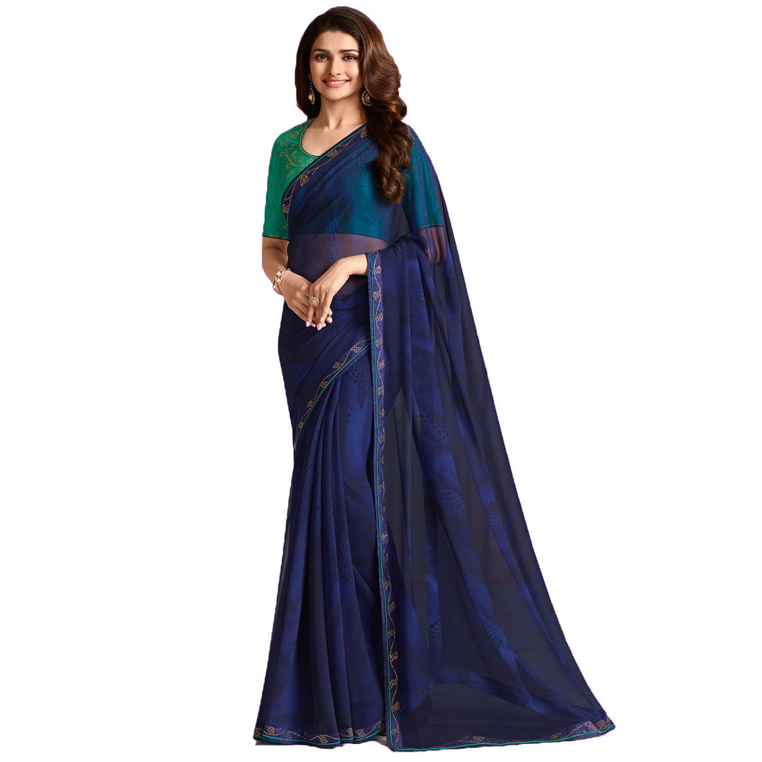 Vsaree Navy Blue Georette Designer And Stone Work Saree  With Blouse For Women