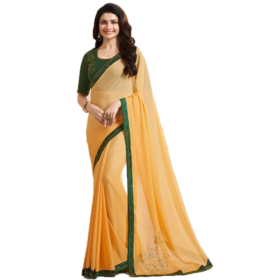 Vsaree Yellow Silk Stone Work And Contrast Rich Pallu With Banglory Blouse Piece For Women