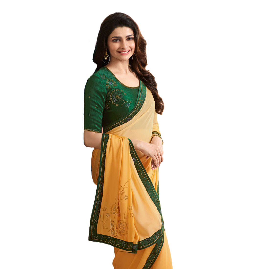 Vsaree Yellow Silk Stone Work And Contrast Rich Pallu With Banglory Blouse Piece For Women