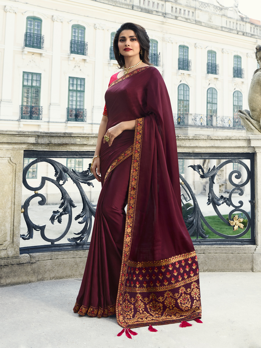 Vsaree Maroon Banglori Plain Saree And Designer Border And Rich Pallu With Blouse