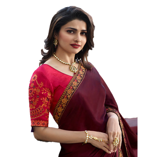 Vsaree Maroon Banglori Plain Saree And Designer Border And Rich Pallu With Blouse