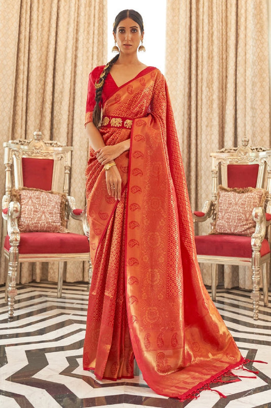 Designer Red Color Golden Zari Weaving Function Wear Banarasi Silk Saree With Heavy Blouse