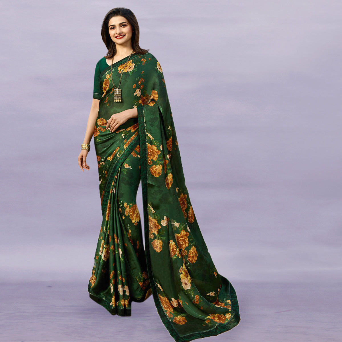 Vsaree Green Bright Moss Printed Work And Contras Border Saree With Banglory Blouse Piece For Women