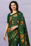 Vsaree Green Bright Moss Printed Work And Contras Border Saree With Banglory Blouse Piece For Women