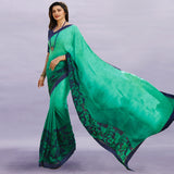 Vsaree Sea Green Bright Moss Printed Work And Contras Border Saree With Banglory Blouse Piece For Women