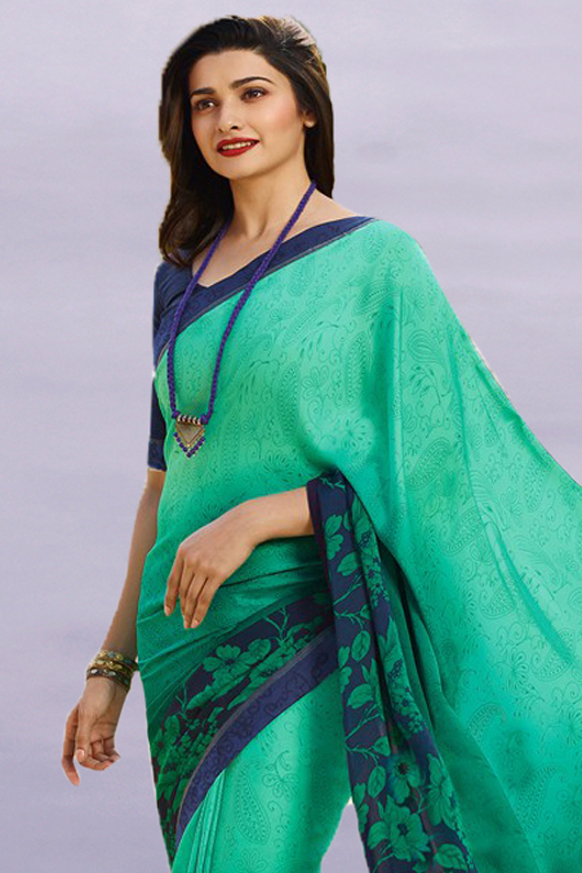 Vsaree Sea Green Bright Moss Printed Work And Contras Border Saree With Banglory Blouse Piece For Women