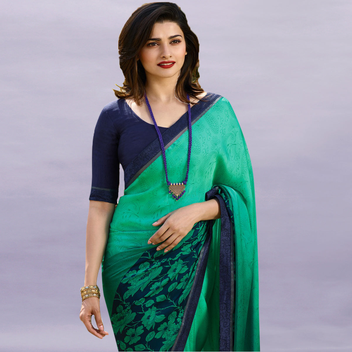 Vsaree Sea Green Bright Moss Printed Work And Contras Border Saree With Banglory Blouse Piece For Women