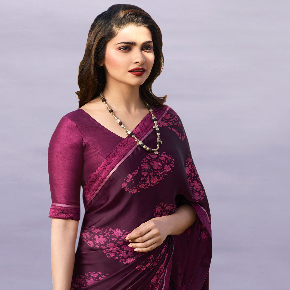 Vsaree Purple Bright Moss Printed Work And Contras Border Saree With Banglory Blouse Piece For Women