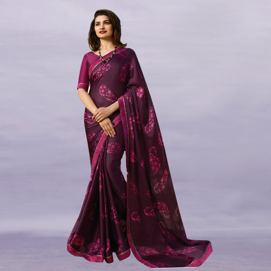 Vsaree Purple Bright Moss Printed Work And Contras Border Saree With Banglory Blouse Piece For Women