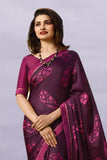 Vsaree Purple Bright Moss Printed Work And Contras Border Saree With Banglory Blouse Piece For Women