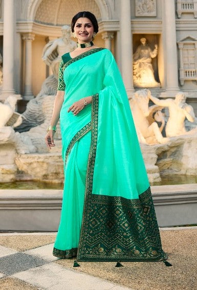 Vsaree Firozi Banglori Plain Saree And Designer Border And Rich Pallu With Blouse