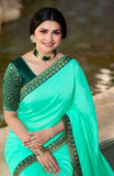 Vsaree Firozi Banglori Plain Saree And Designer Border And Rich Pallu With Blouse