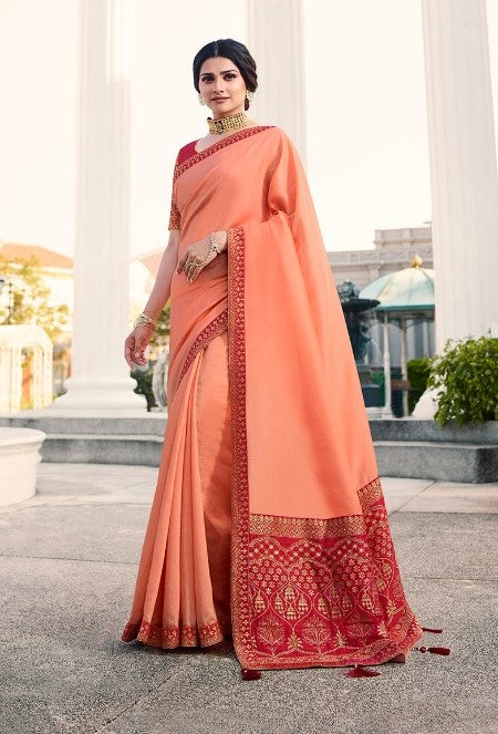 Vsaree Peach Banglori Plain Saree And Designer Border And Rich Pallu With Blouse