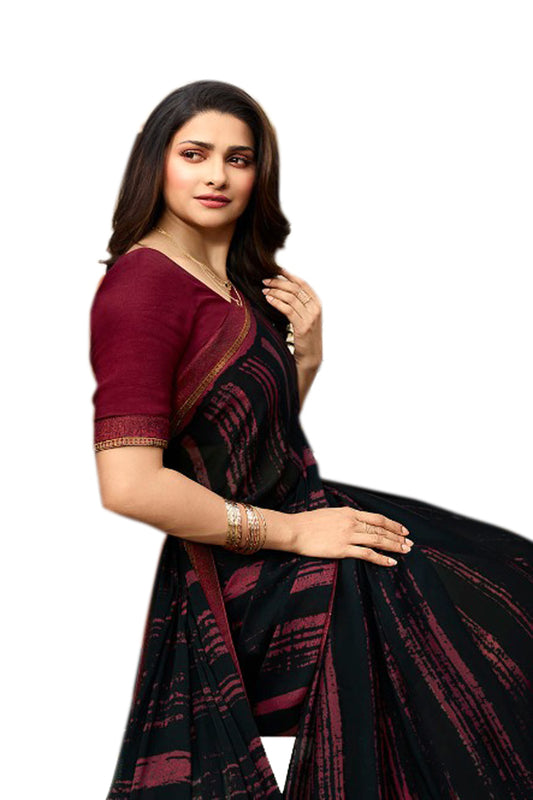 Vsaree Black Silk And Printed Work Pallu And Less Border Saree With Banglory Blouse For Women