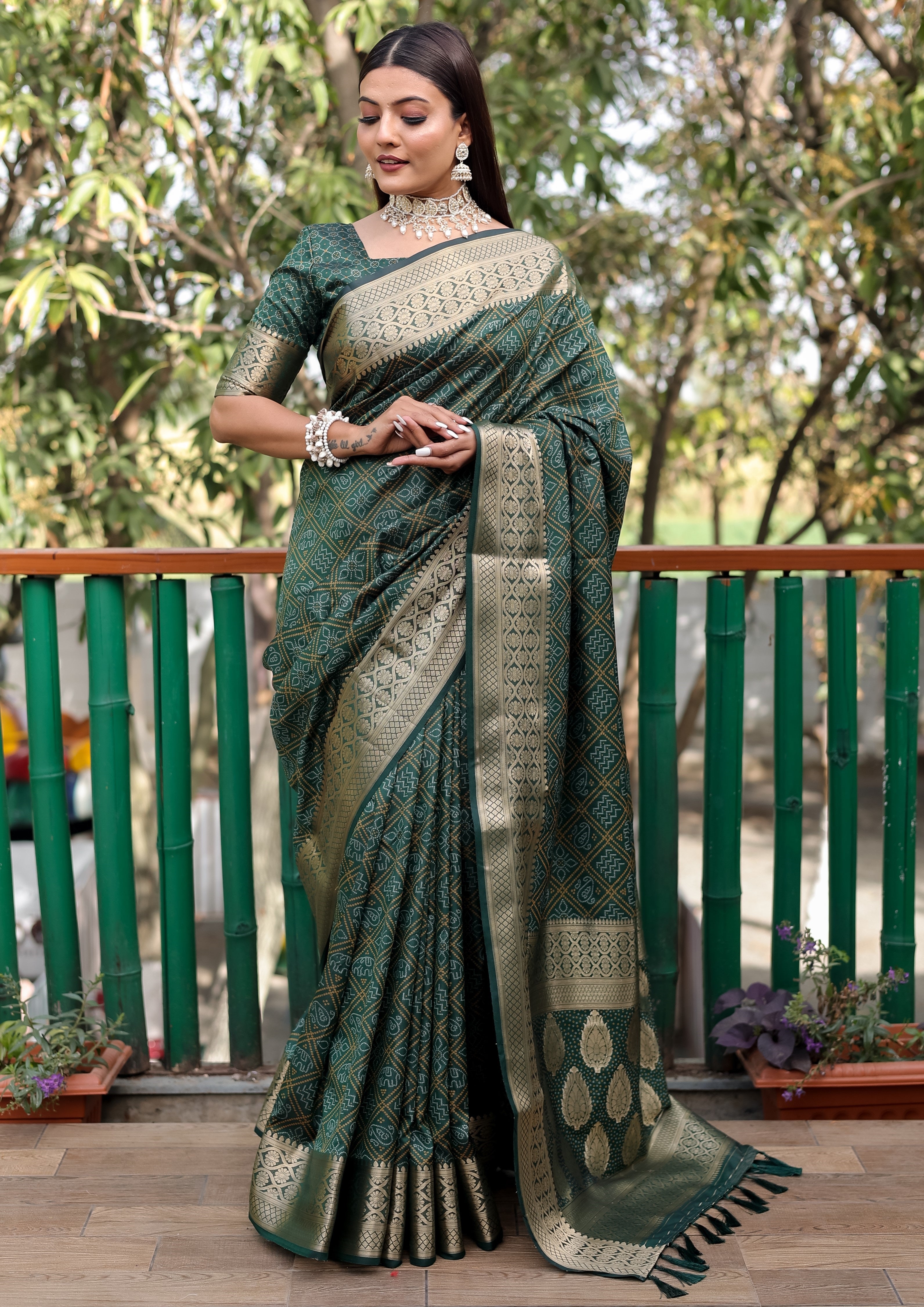 Bandhani Silk Saree with Bandhej Work Multi Color Silk Saree With Rich Zari Border & Tussal  By Vsaree