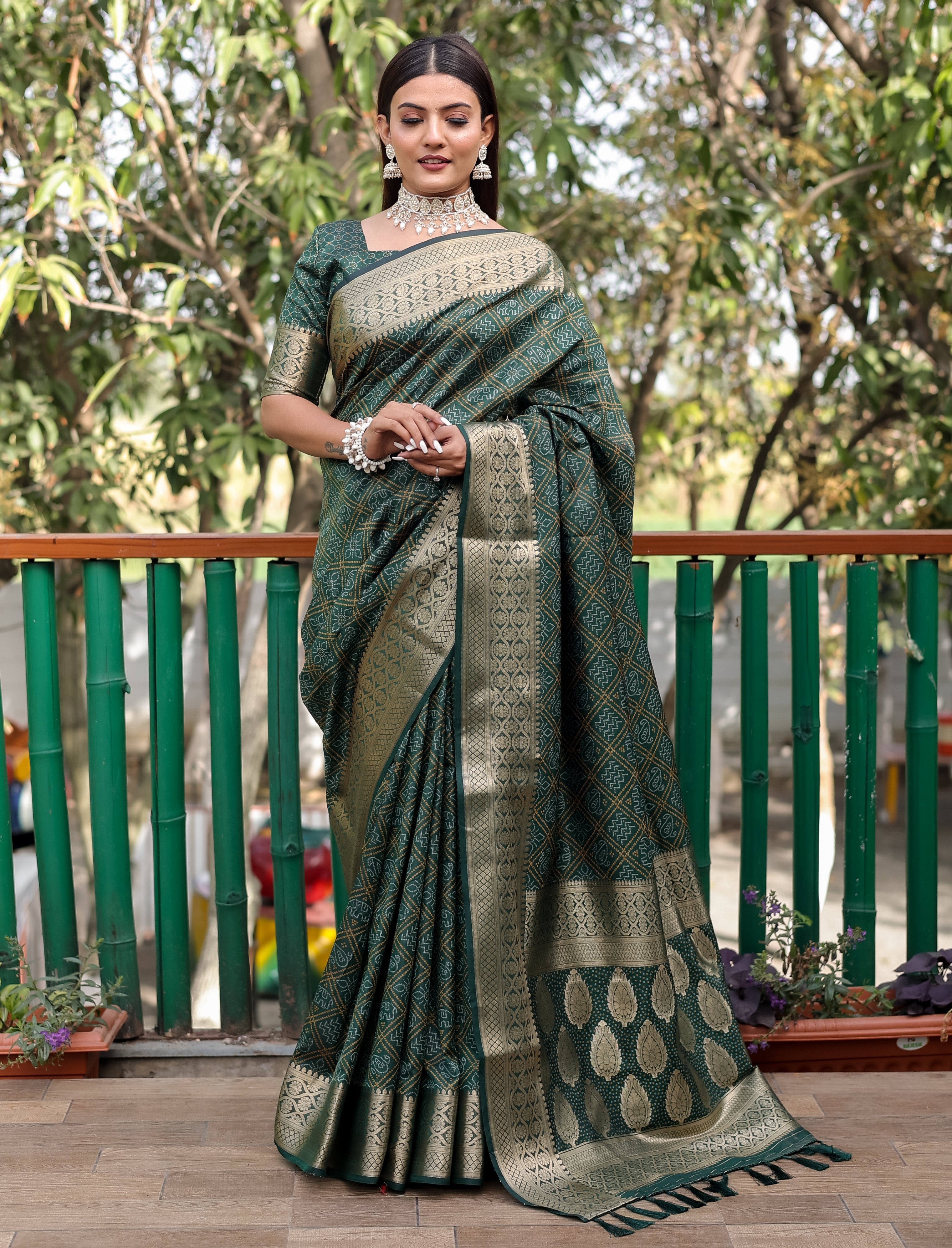 Bandhani Silk Saree with Bandhej Work Multi Color Silk Saree With Rich Zari Border & Tussal  By Vsaree