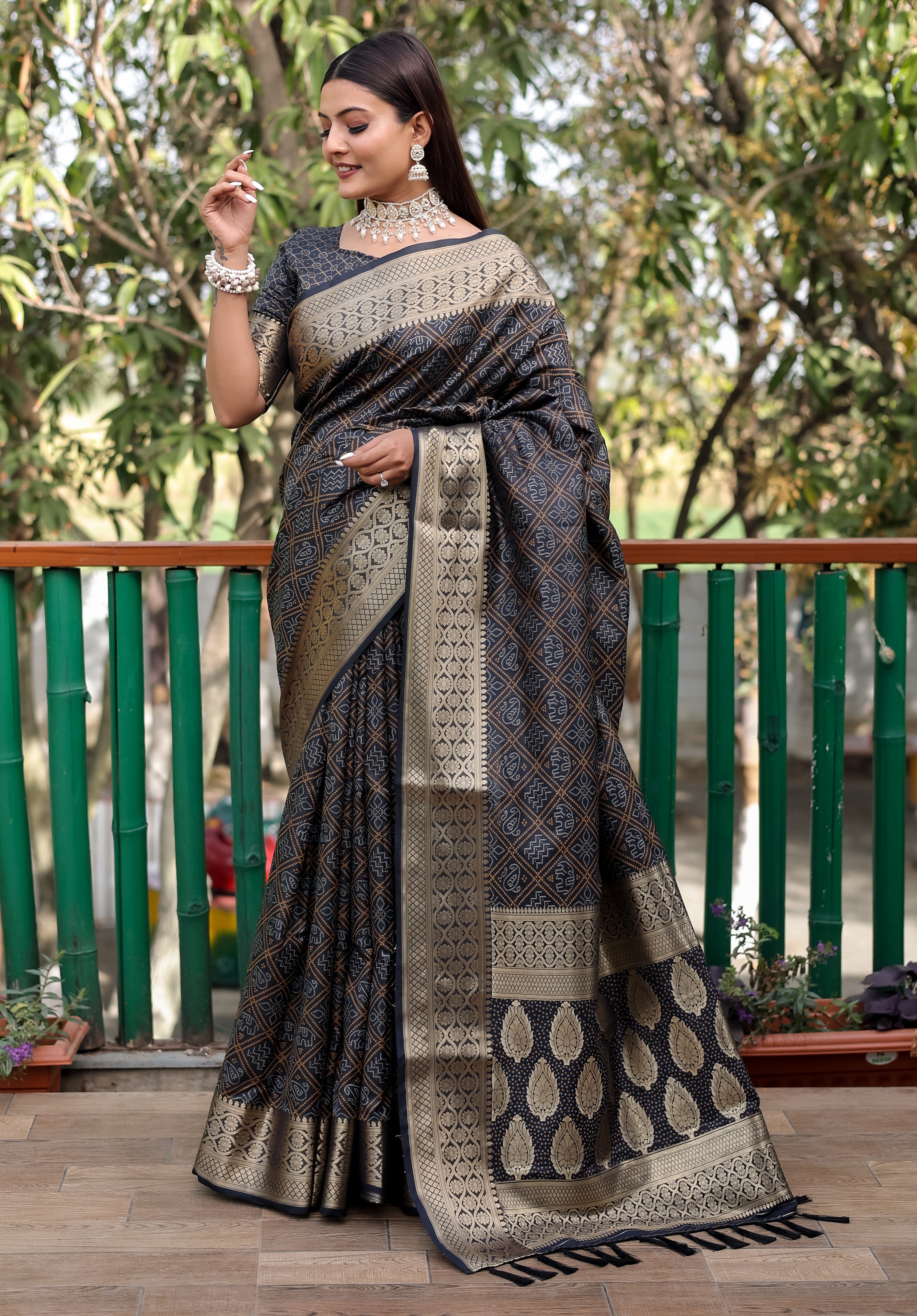 Bandhani Silk Saree with Bandhej Work Multi Color Silk Saree With Rich Zari Border & Tussal  By Vsaree