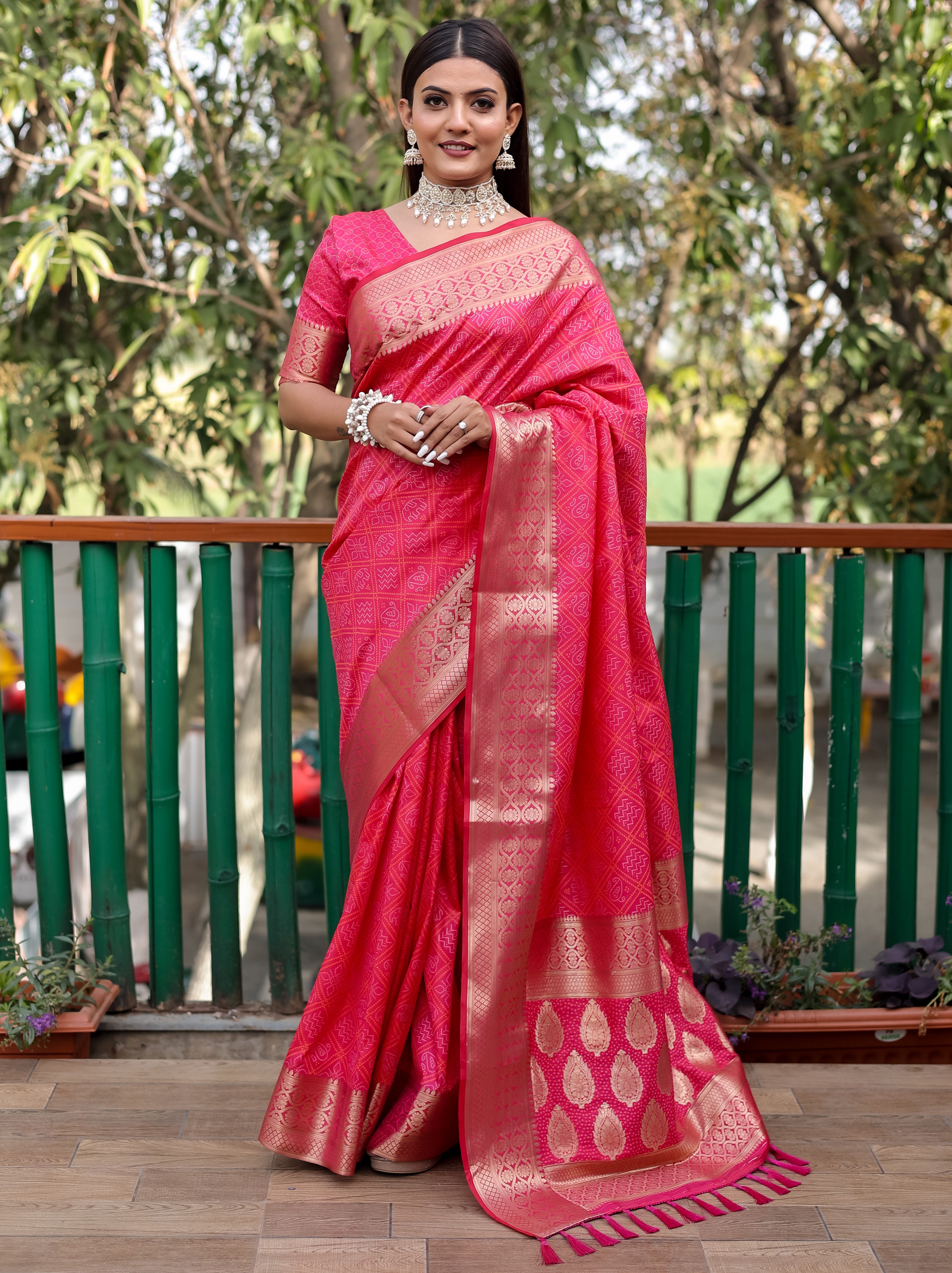 Bandhani Silk Saree with Bandhej Work Multi Color Silk Saree With Rich Zari Border & Tussal  By Vsaree