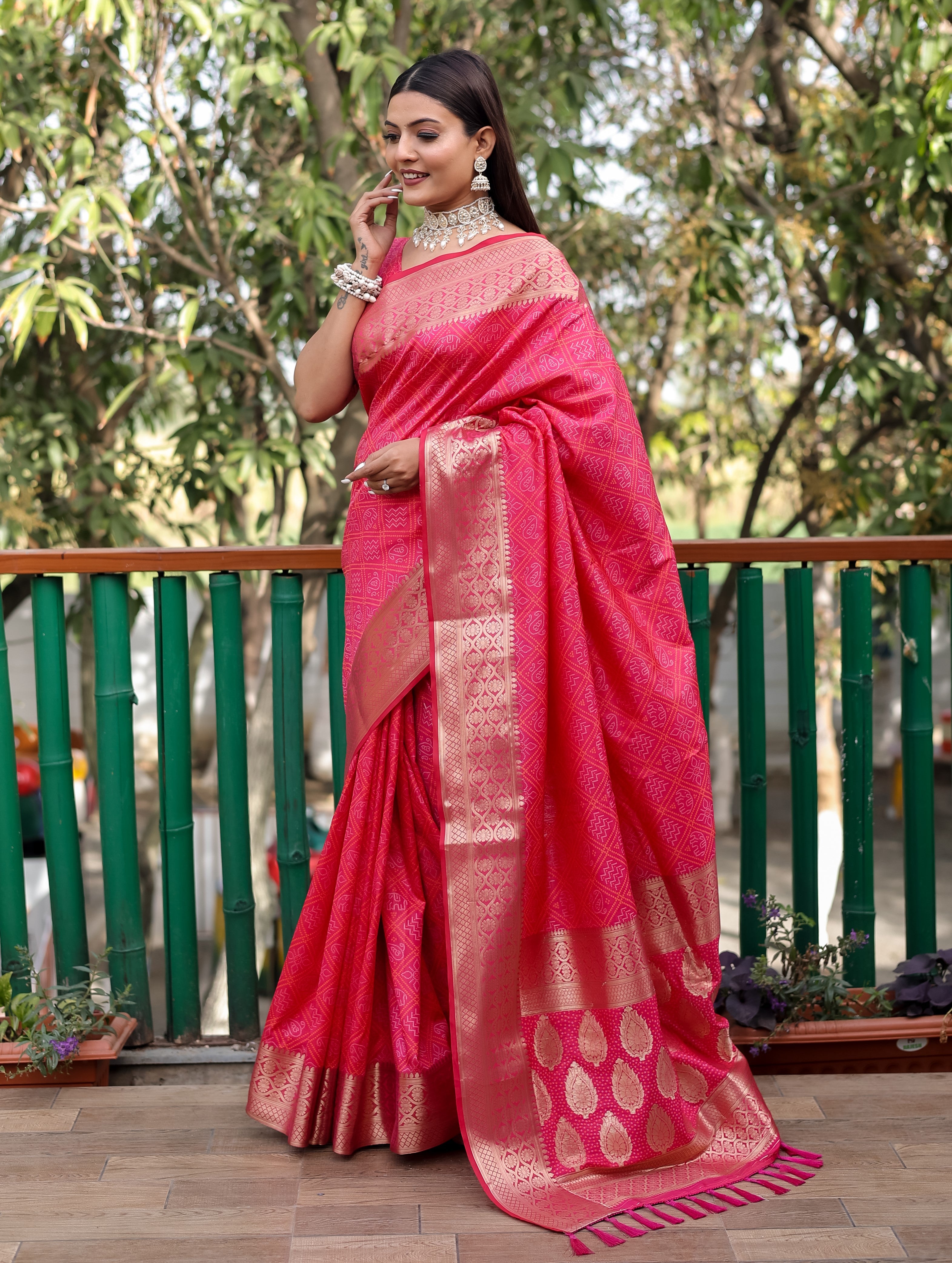 Bandhani Silk Saree with Bandhej Work Multi Color Silk Saree With Rich Zari Border & Tussal  By Vsaree