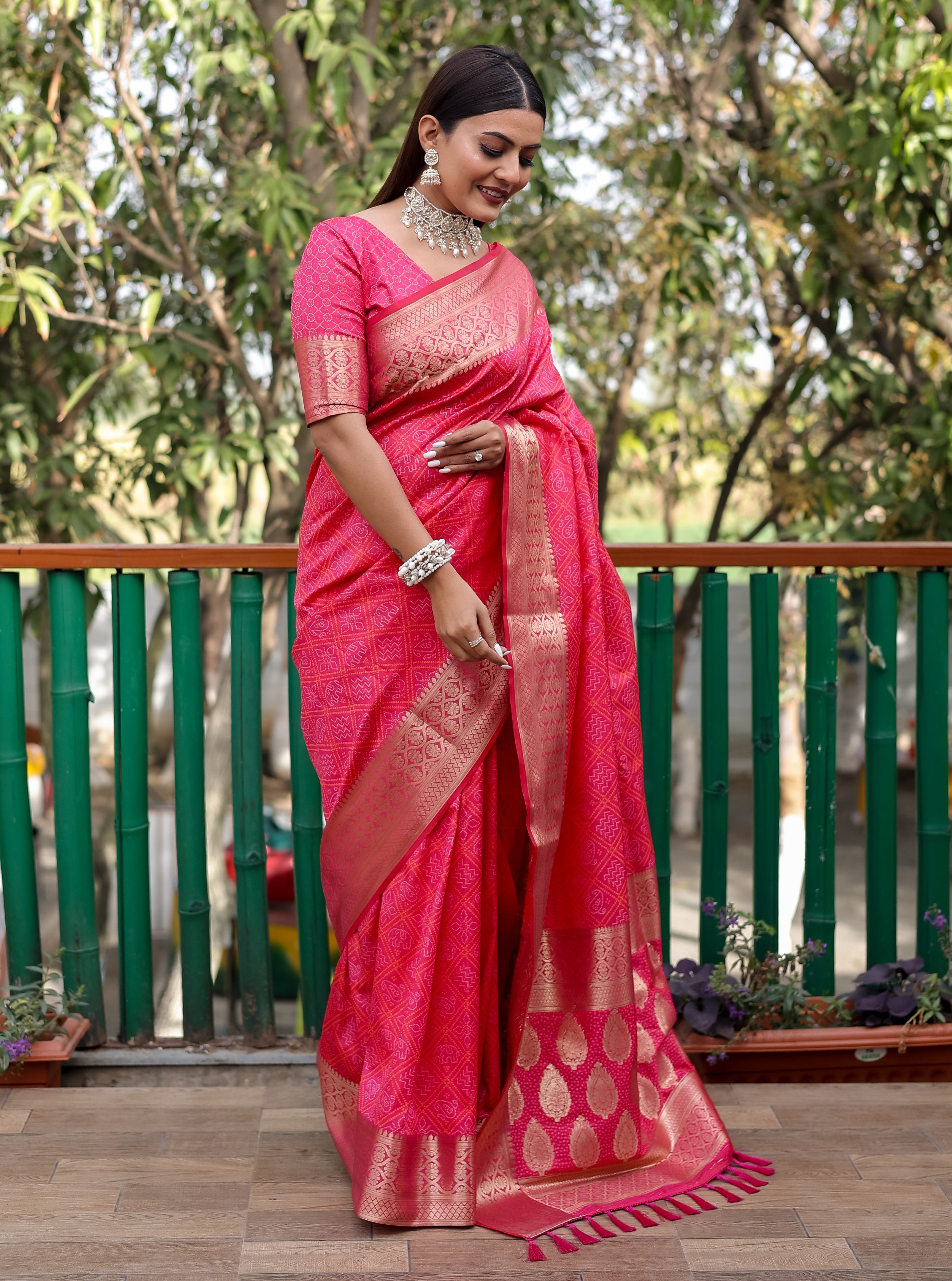 Bandhani Silk Saree with Bandhej Work Multi Color Silk Saree With Rich Zari Border & Tussal  By Vsaree