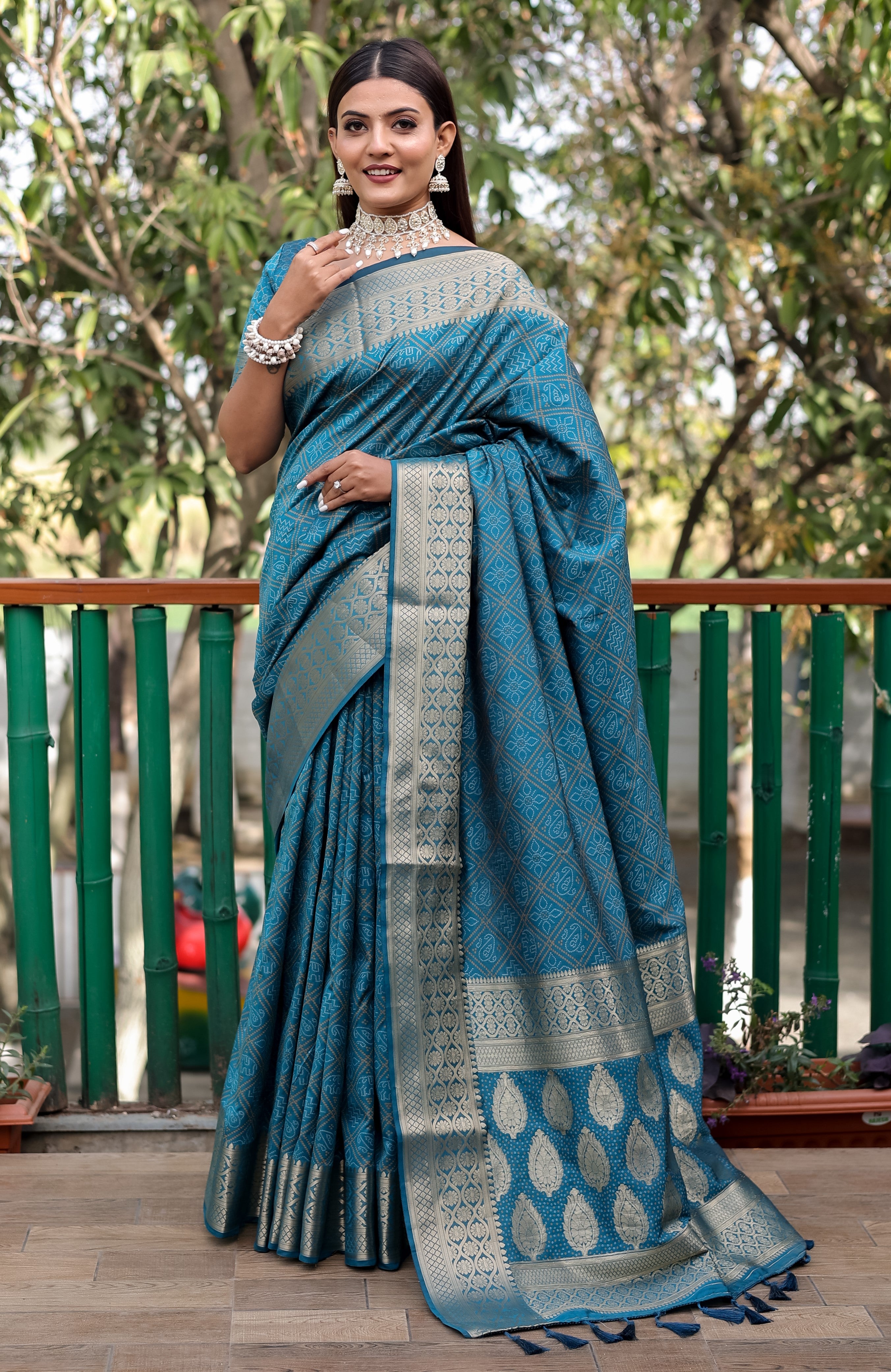 Bandhani Silk Saree with Bandhej Work Multi Color Silk Saree With Rich Zari Border & Tussal  By Vsaree