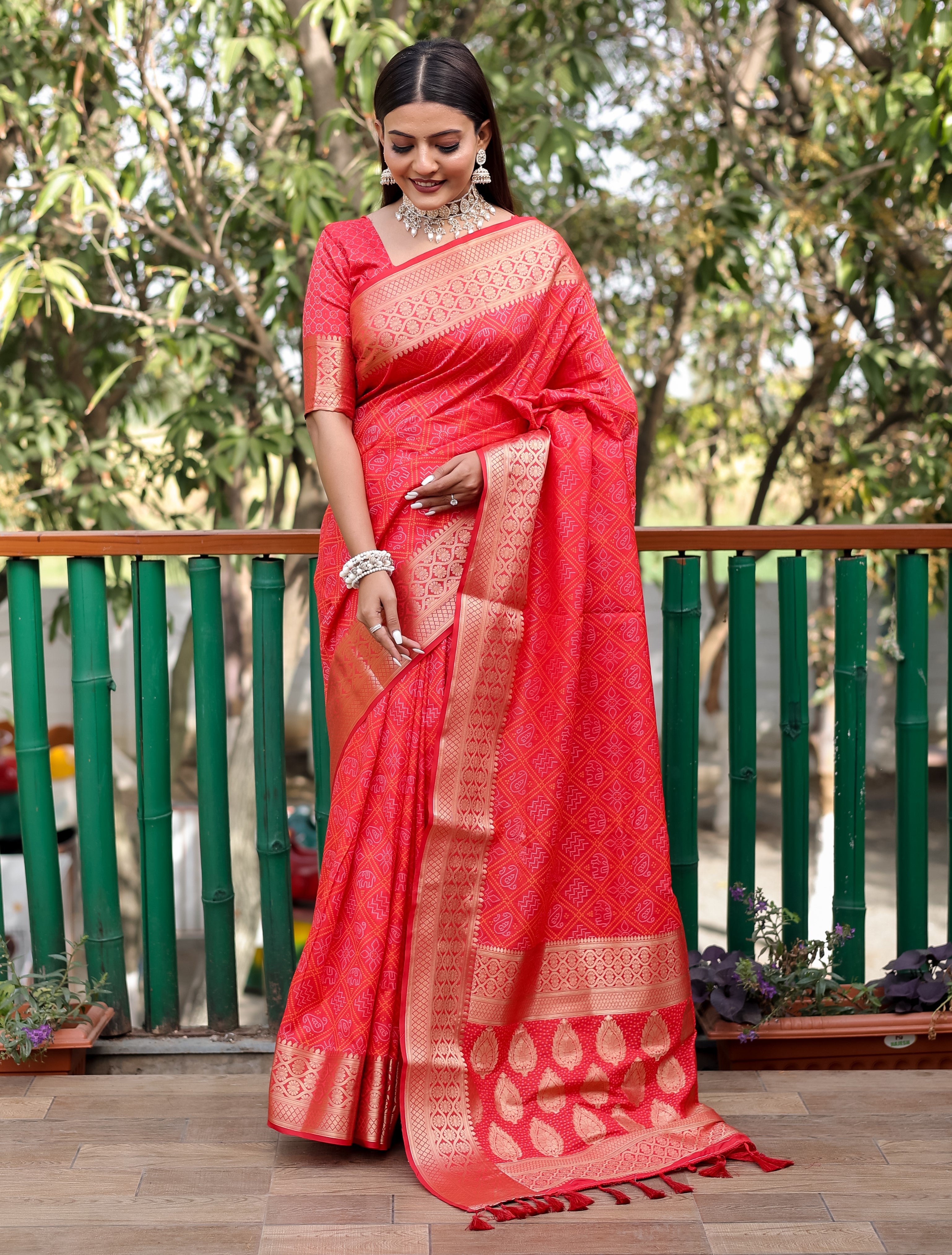 Bandhani Silk Saree with Bandhej Work Multi Color Silk Saree With Rich Zari Border & Tussal  By Vsaree