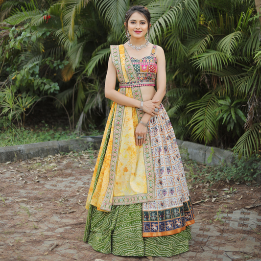 WOMEN'S GREEN COTTON SLUB BANDHEJ PATOLA FOIL PRINT DESIGNER FESTIVAL LEHENGA CHOLI