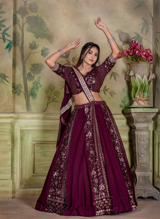 WOMEN'S WINE GEORGETTE WITH SEQUINS AND EMBROIDERY WORK DESIGNER LEHENGA CHOLI