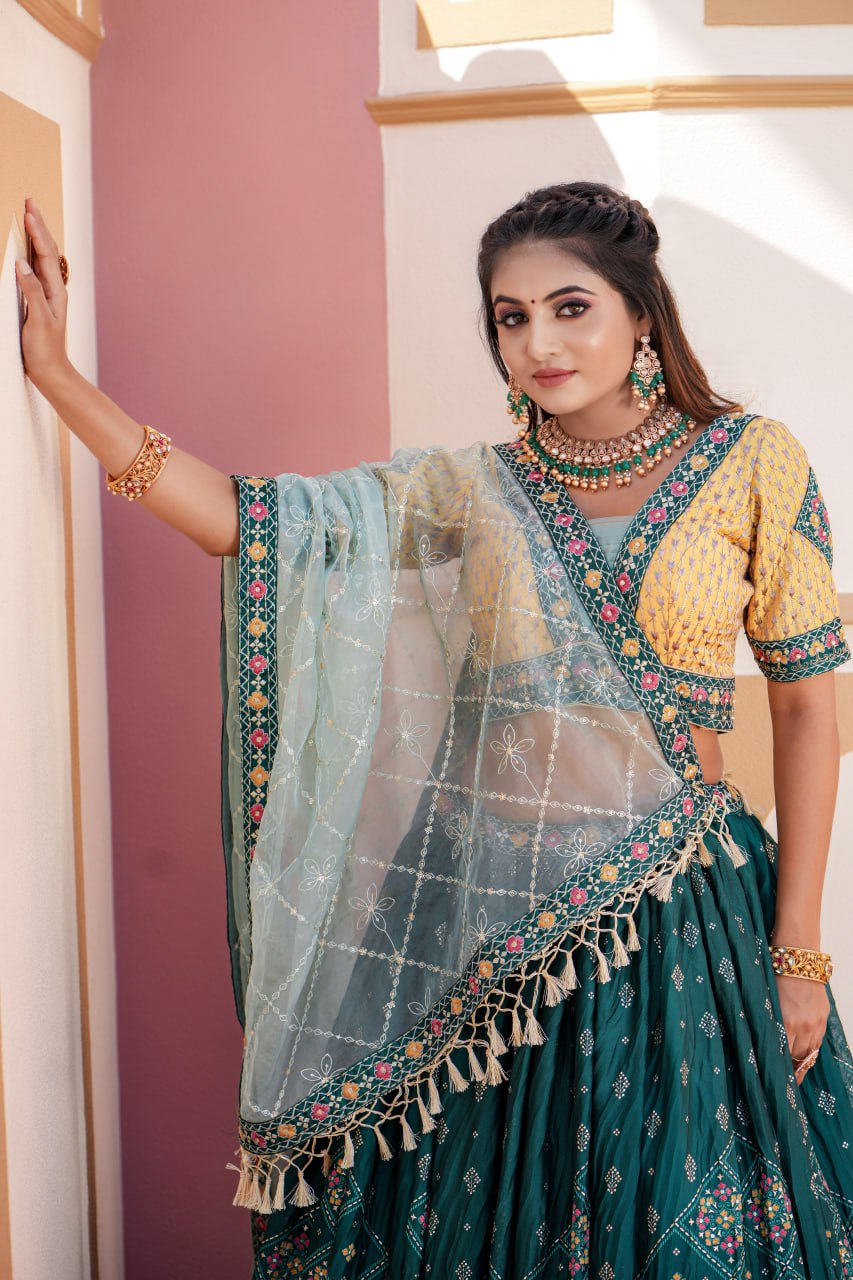 WOMEN'S AQUA GREEN CHINON FOIL PRINT WITH EMBROIDERED WORK PARTY WEAR LEHENGHA CHOLI