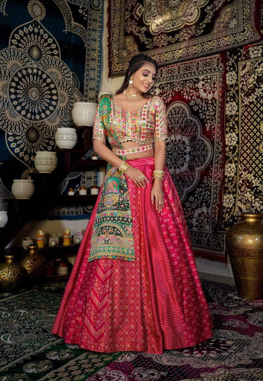 WOMEN'S PINK MALAI SATIN DIGITAL PRINT WITH EMBROIDERED WORK GLAMOUROUS LEHENGA CHOLI