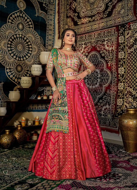 WOMEN'S PINK MALAI SATIN DIGITAL PRINT WITH EMBROIDERED WORK GLAMOUROUS LEHENGA CHOLI