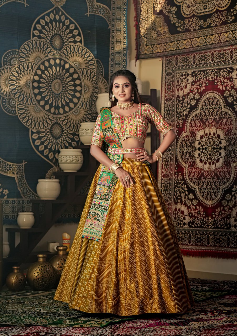 WOMEN'S MUSTARD MALAI SATIN DIGITAL PRINT WITH EMBROIDERED WORK GLAMOUROUS LEHENGA CHOLI