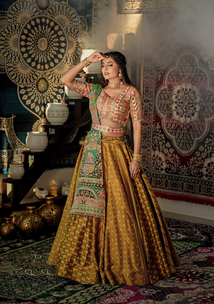 WOMEN'S MUSTARD MALAI SATIN DIGITAL PRINT WITH EMBROIDERED WORK GLAMOUROUS LEHENGA CHOLI