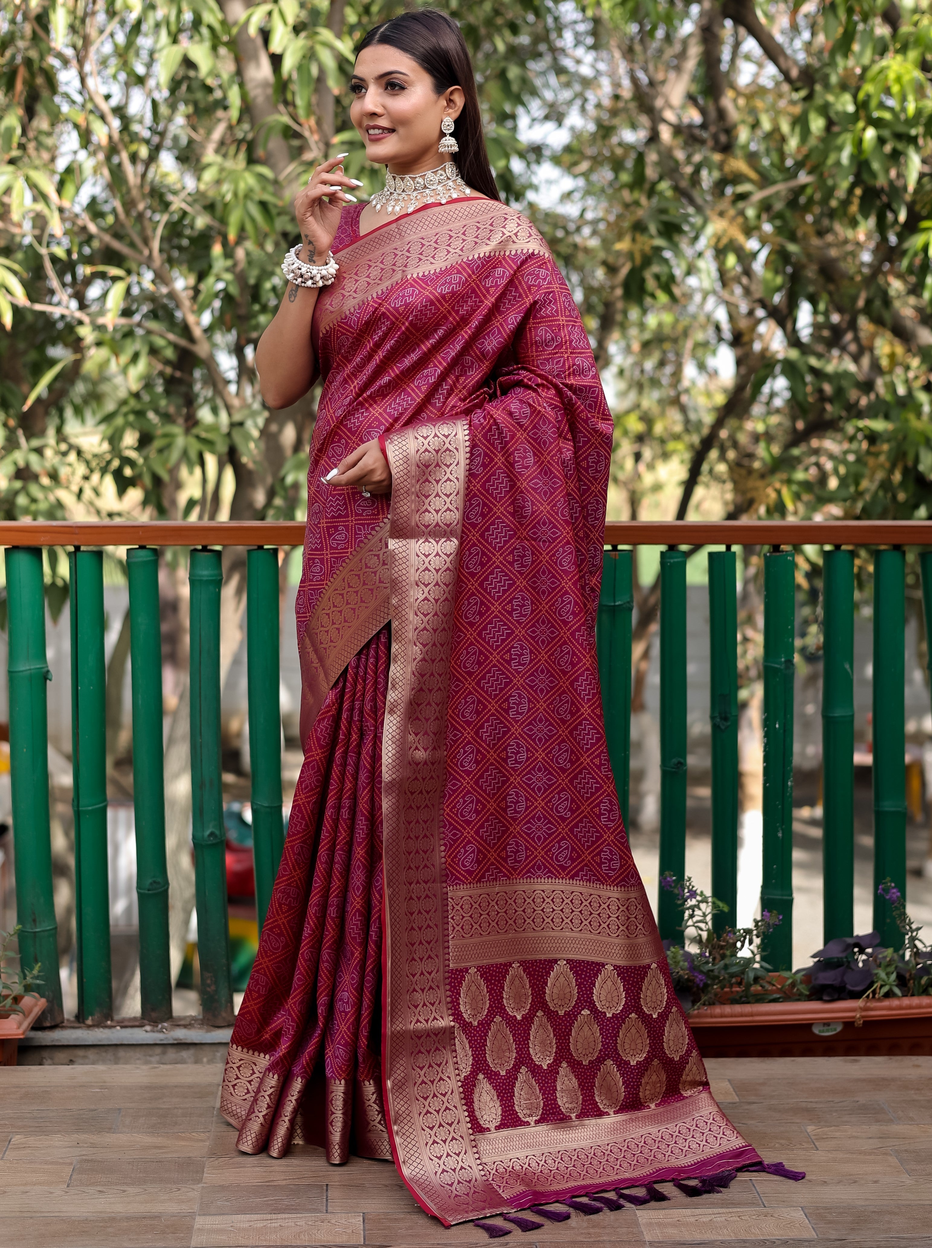 Bandhani Silk Saree with Bandhej Work Multi Color Silk Saree With Rich Zari Border & Tussal  By Vsaree