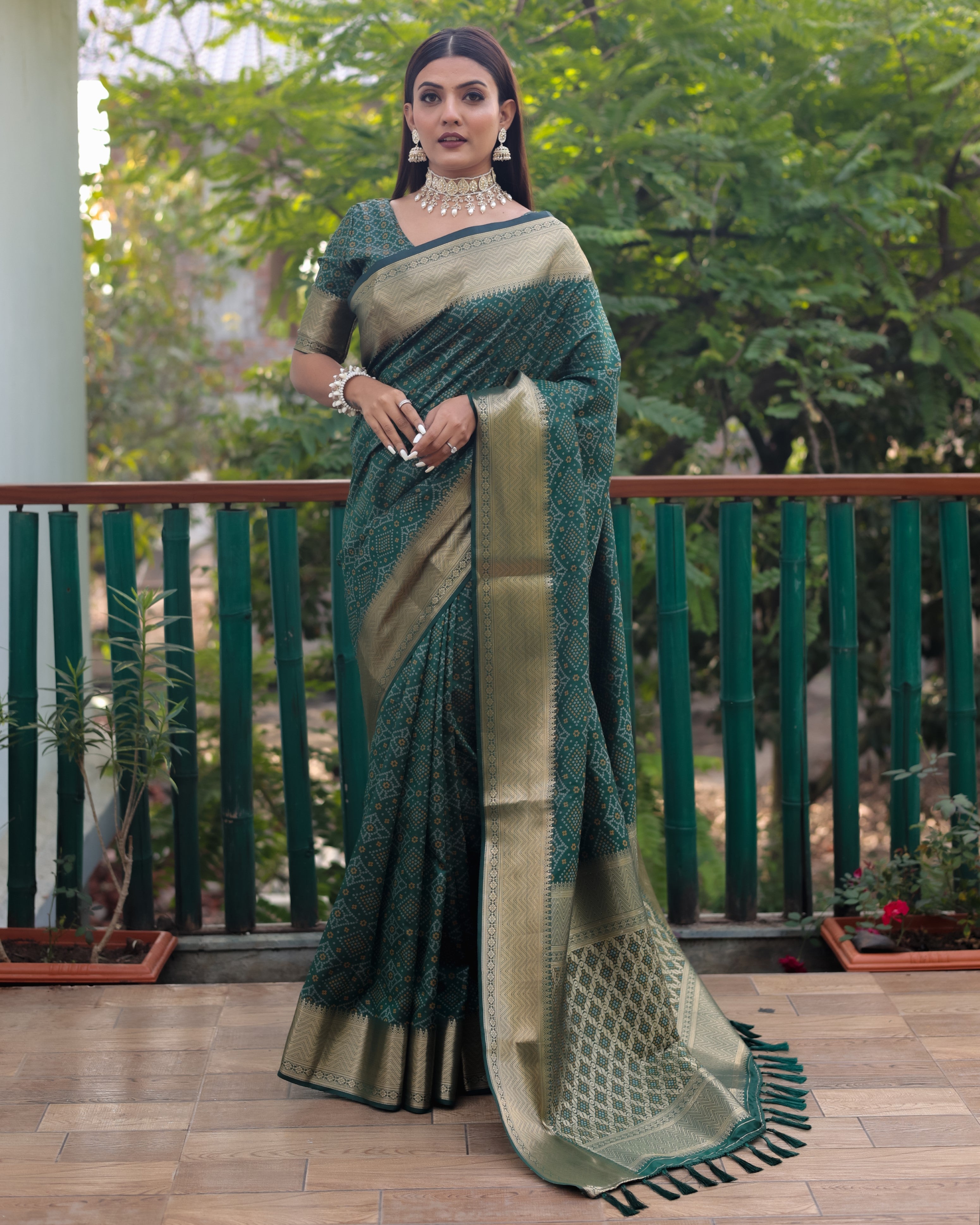 Multi Color Bandhej Patola Silk Saree Kanchi Borders And Contrast Zari Weaving Borders VSaree For Woman